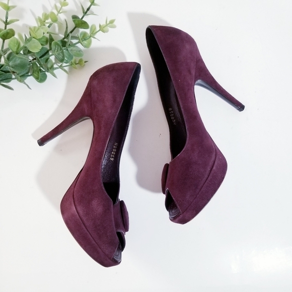 LOUIS VUITTON Chelsea Open Toe Aubergine Suede Leather Pumps 37 US 7 - Picture 11 of 16